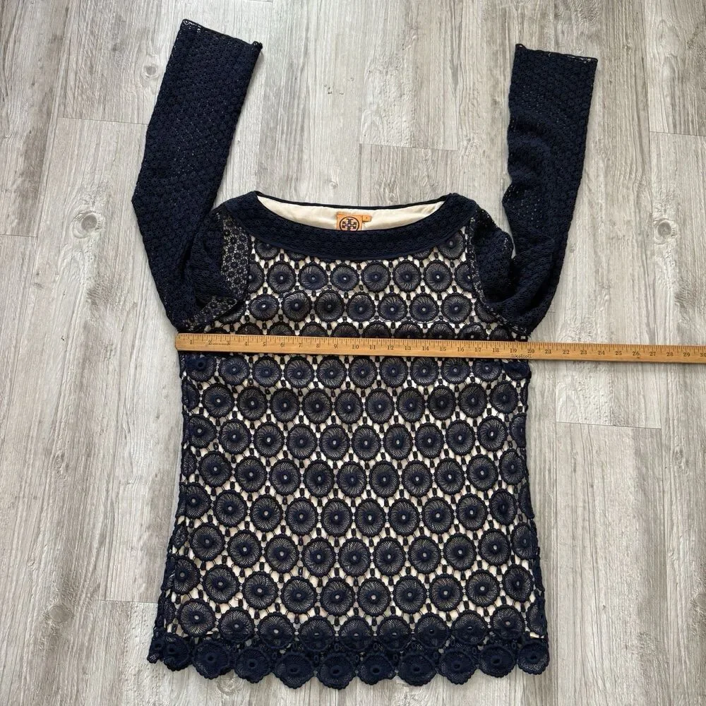 Tory Burch Janeen Crochet Lace Blouse Navy Blue Eyelet Sheer Top Size 8